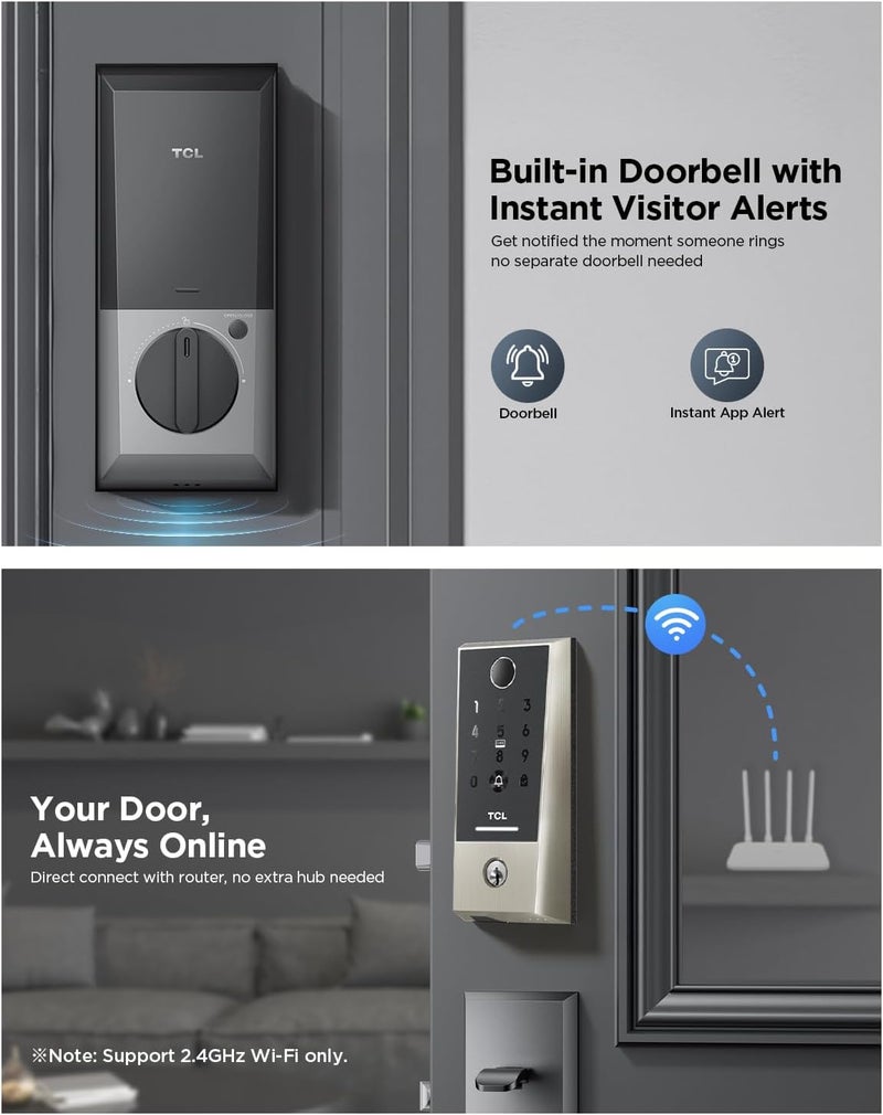 TCL D2 Plus Smart Lock, Fingerprint Door Lock with Keyless Entry Security Electronic Deadbolt for Front Door, Built-in Doorbell, Compatible with Alexa, Auto Lock, Easy Install - Image 2